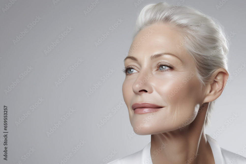 Naklejka premium Anti-aging and skincare concept. Confident mature woman with healthy luminous skin and silver hairstyle smiling in studio portrait.