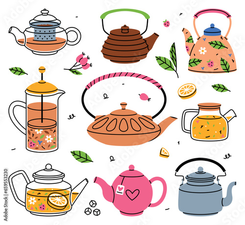 Aromatic Tea Brewing with Hot Drink in Teapot Vector Set