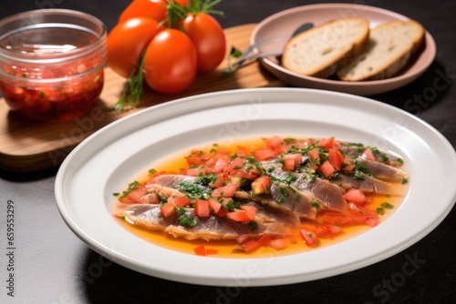 bruschetta with anchovy fillets beside a bowl of soup