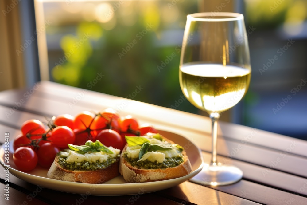 pesto bruschetta paired with glass of white wine, lit by soft natural light