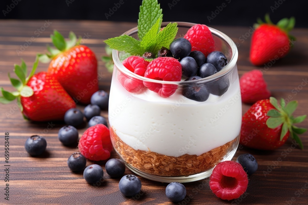 coconut yogurt topped with fresh berries in a glass jar coconut yogurt topped with fresh berries in a glass jar
