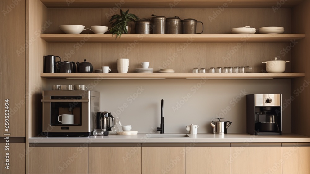 A contemporary kitchen with open shelving and a dedicated built-in coffee station. A contemporary kitchen with open shelving and a dedicated built-in coffee station.