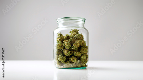 Cannabis buds in a glass jar on a white background. Marijuana buds storage. Popular Close Up Green Marijuana Buds On A White Table With Glass Jar. Copy Space.