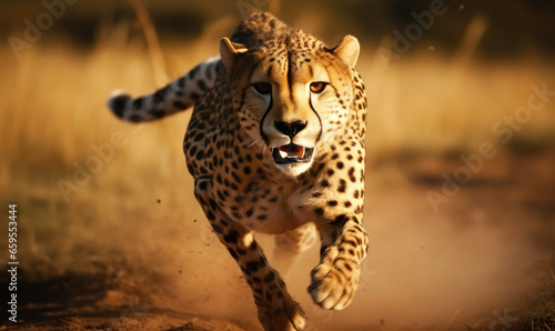 Majestic cheetah sprints across a dusty desert road. © Lidok_L