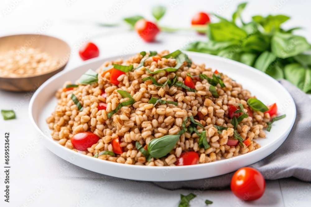farro salad with cherry tomatoes on a white cloth farro salad with cherry tomatoes on a white cloth