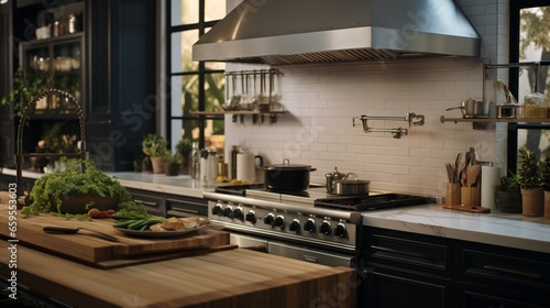 A culinary expert's kitchen featuring a pot filler faucet and high-end culinary tools.