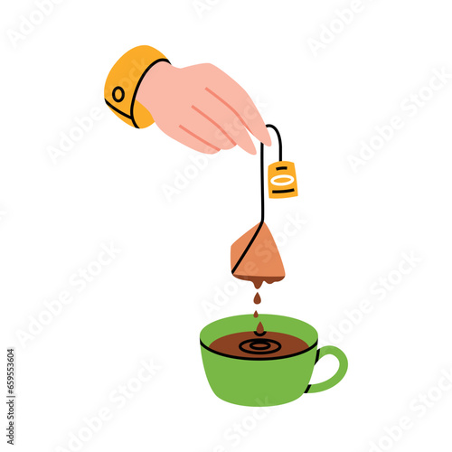 Hand Taking Teabag Out of Cup with Hot Tea Drink Brewing Vector Illustration