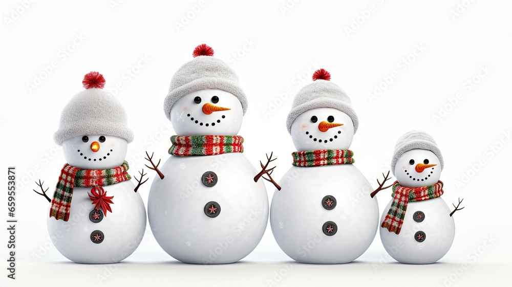 a family of snowmen, each with its unique accessories and expressions, against a plain white background. space for text to create a heartwarming winter-themed greeting card or poster. a family of snowmen, each with its unique accessories and expressions, against a plain white background. space for text to create a heartwarming winter-themed greeting card or poster.
