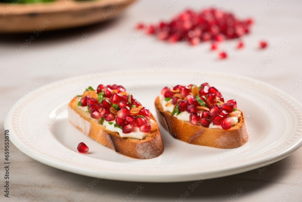 two pieces of bruschetta with pomegranate seeds side by side on white porcelain dish two pieces of bruschetta with pomegranate seeds side by side on white porcelain dish