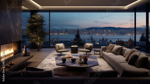 A fashionable living space with a dual-sided fireplace and captivating city vistas. © ZUBI CREATIONS