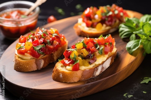 gouda topped bruschetta on board with cheese knife