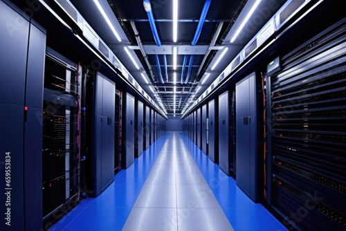 wide view of a futuristic  secure data center
