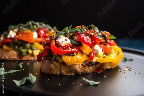 the profile of a bruschetta with scrambled eggs, topped with roasted bell peppers