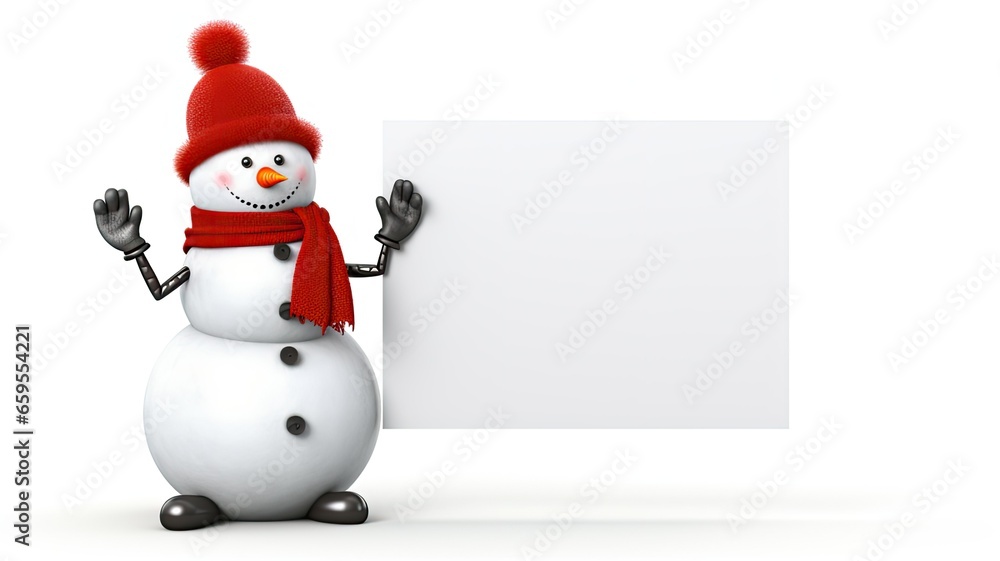 a snowman holding a blank signboard against a white backdrop. an ideal canvas for adding custom messages, whether they are holiday greetings, event announcements, or promotional text.