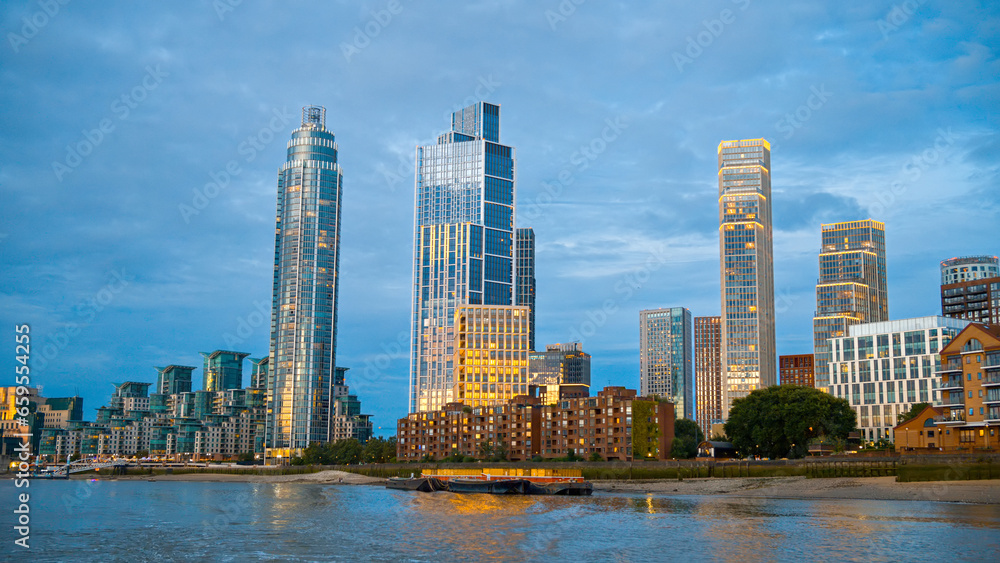 Cityscape of London from a floating boat at evening, United Kingdom Cityscape of London from a floating boat at evening, United Kingdom