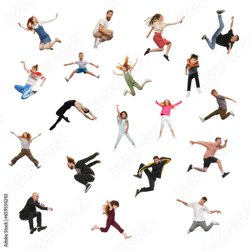 Collage. Happy  joyful people  men  women and children jumping over white background. Concept of freedom  motivation  ambitions  success and lifestyle.