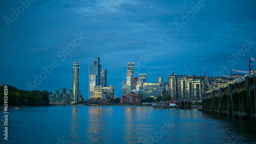 Cityscape of London from a floating boat at evening, United Kingdom