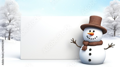 a snowman holding a blank signboard against a white backdrop. an ideal canvas for adding custom messages, whether they are holiday greetings, event announcements, or promotional text. photo