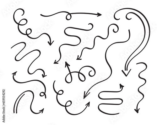 Arrows set, hand drawn doodle direction twist indicators, pointers and scroll elements.Collection of swirly various dynamics shapes.Isolated on white background. Vector illustration