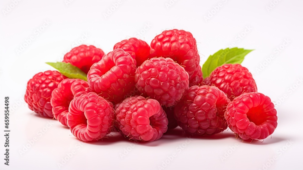 a pile of raspberries with leaves on a white background. generative ai a pile of raspberries with leaves on a white background. generative ai