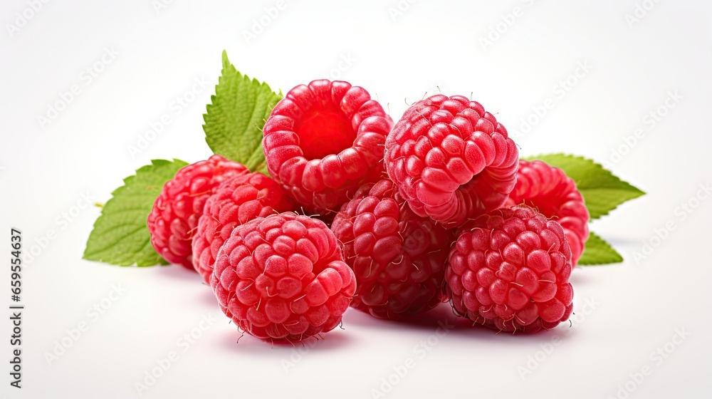 a bunch of raspberries with leaves on a white background. generative ai a bunch of raspberries with leaves on a white background. generative ai