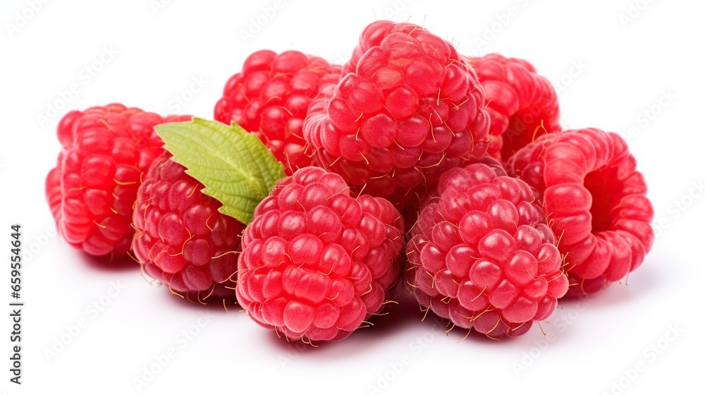 a pile of raspberries with a leaf on top. generative ai a pile of raspberries with a leaf on top. generative ai