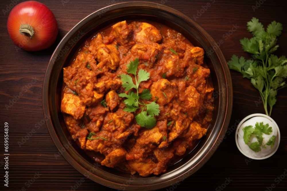 aerial view of a plate of chicken vindaloo aerial view of a plate of chicken vindaloo