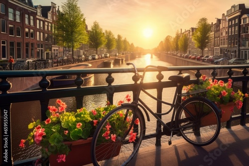 Bicycle amsterdam bridge sunset. Sky water. Generate Ai