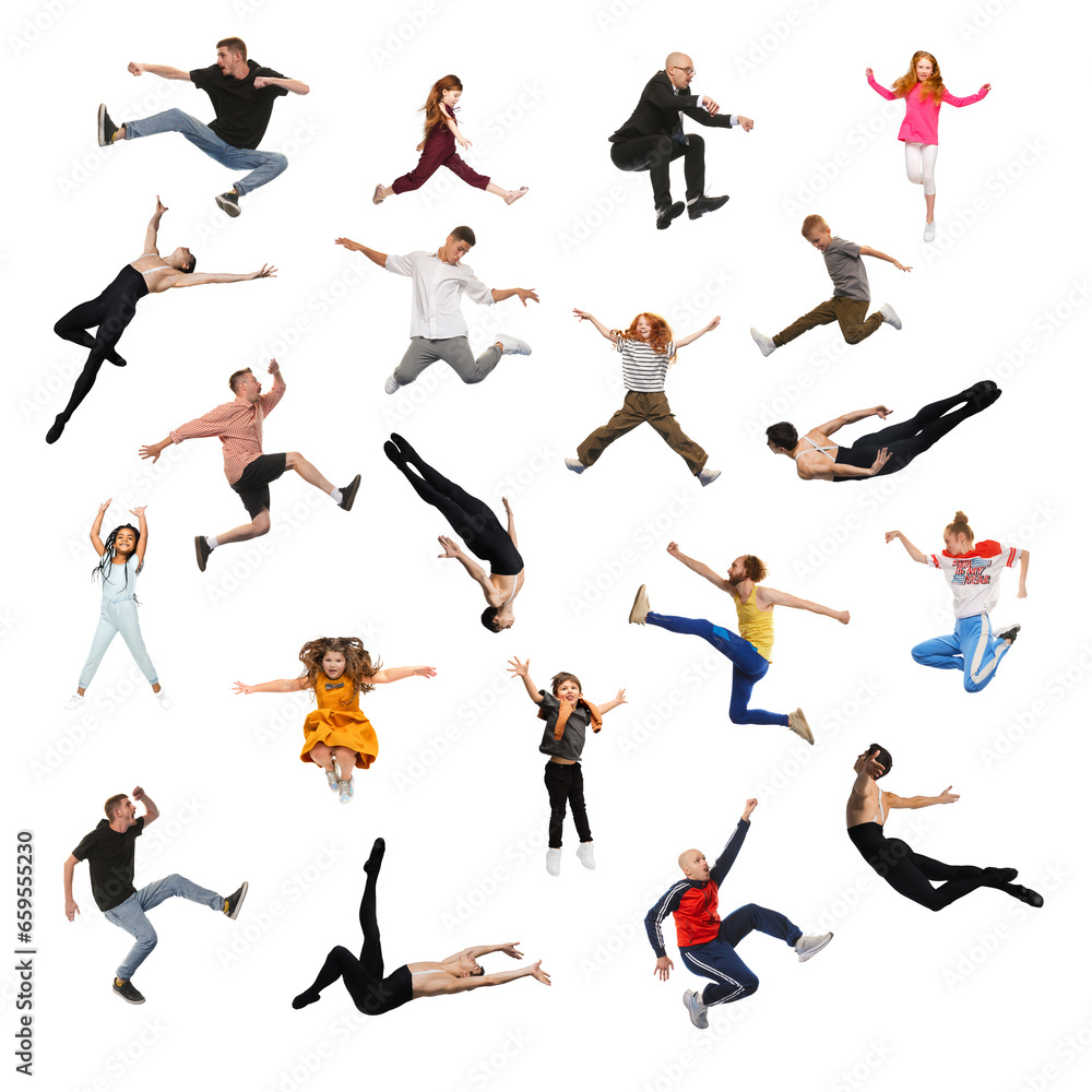 Collage. Happy, joyful people, men, women and children jumping over white background. Good emotions. Concept of freedom, motivation, ambitions, success and lifestyle.