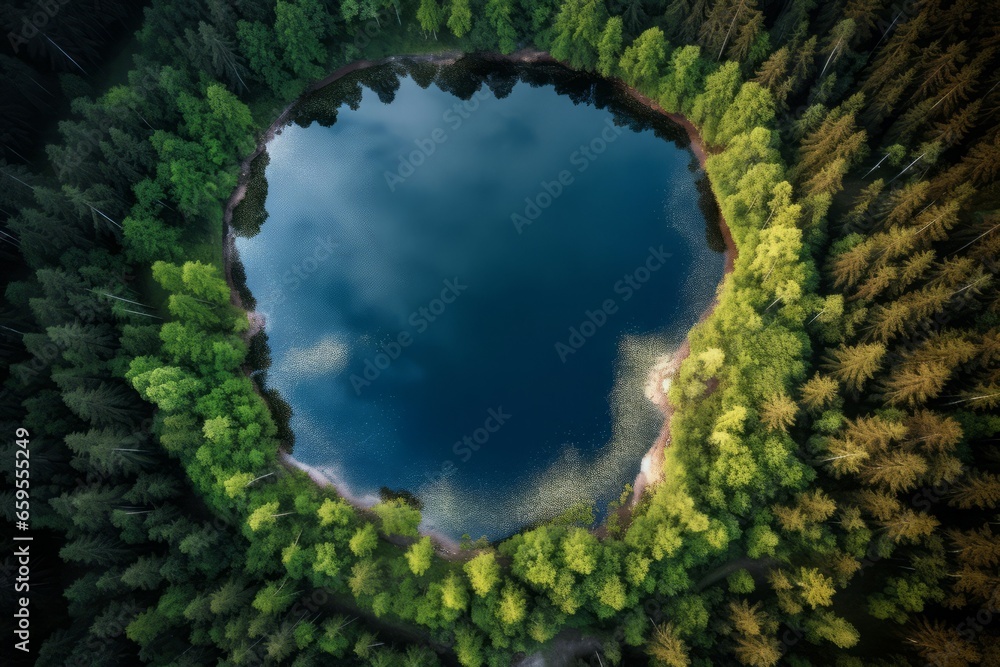 Circular lake forest. Summer green circular. Generate Ai - obrazy, fototapety, plakaty 