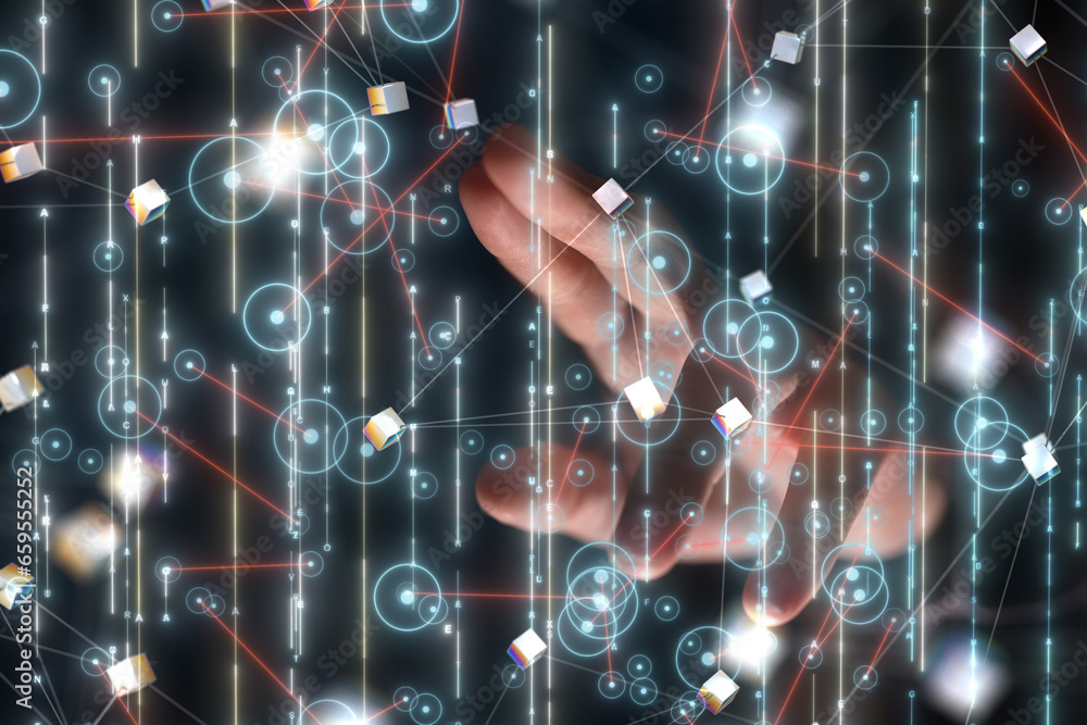 Fototapeta premium Neural network 3D illustration. Big data and cybersecurity