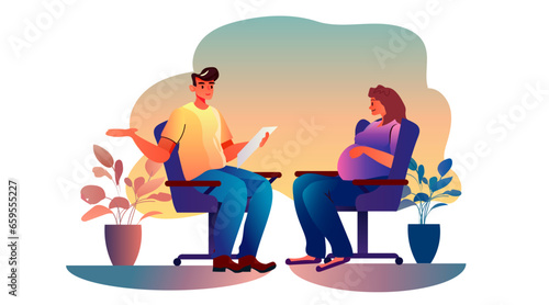 pregnant woman future mom at individual meeting with male psychologist pregnancy motherhood expectation concept