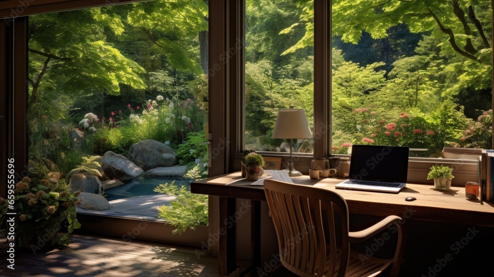 A private workspace with a verdant backyard view for a tranquil work atmosphere.
