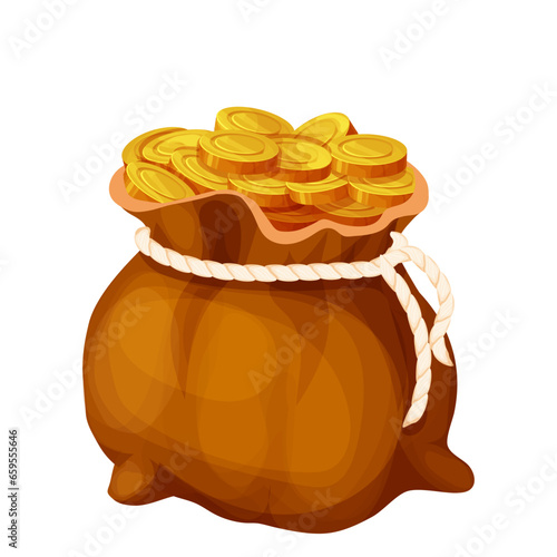 Money bag, sack with golden coins in cartoon style isolated on white. Game element asset success, trophy. 