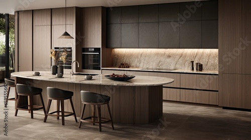 A contemporary kitchen design blending neutral tones with textured surfaces.
