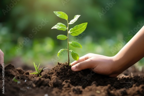 a small and a big hand planting a seedling together
