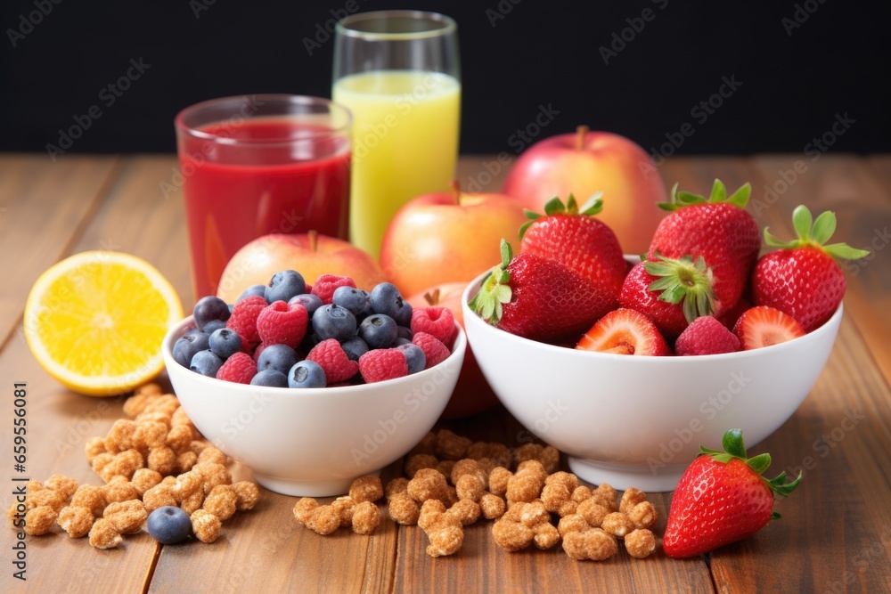 fresh fruits next to a box of sugary cereal fresh fruits next to a box of sugary cereal