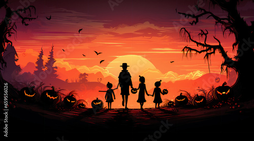 family silhouettes at the end of the forest on halloween full moon trick or treat photo