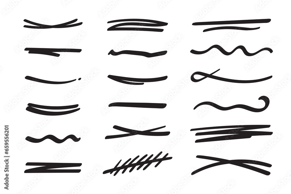 Underlines hand-drawn set. Hand-drawn dividers, separators, borders, collection of doodle style various art accentuation elements for text decoration. Isolated. Vector illustration Underlines hand-drawn set. Hand-drawn dividers, separators, borders, collection of doodle style various art accentuation elements for text decoration. Isolated. Vector illustration
