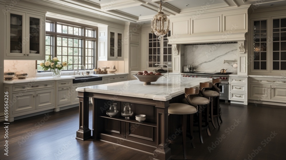 A gourmet kitchen boasting a marble-topped island and custom-designed cabinets.
