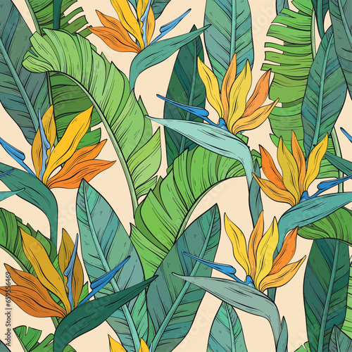 pattern with tropical bird of paradise flowers