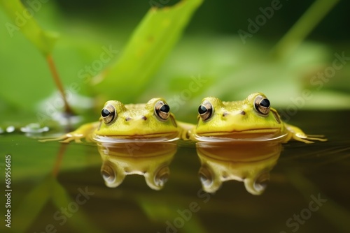 Fototapeta two frogs watching over tadpoles in a pond