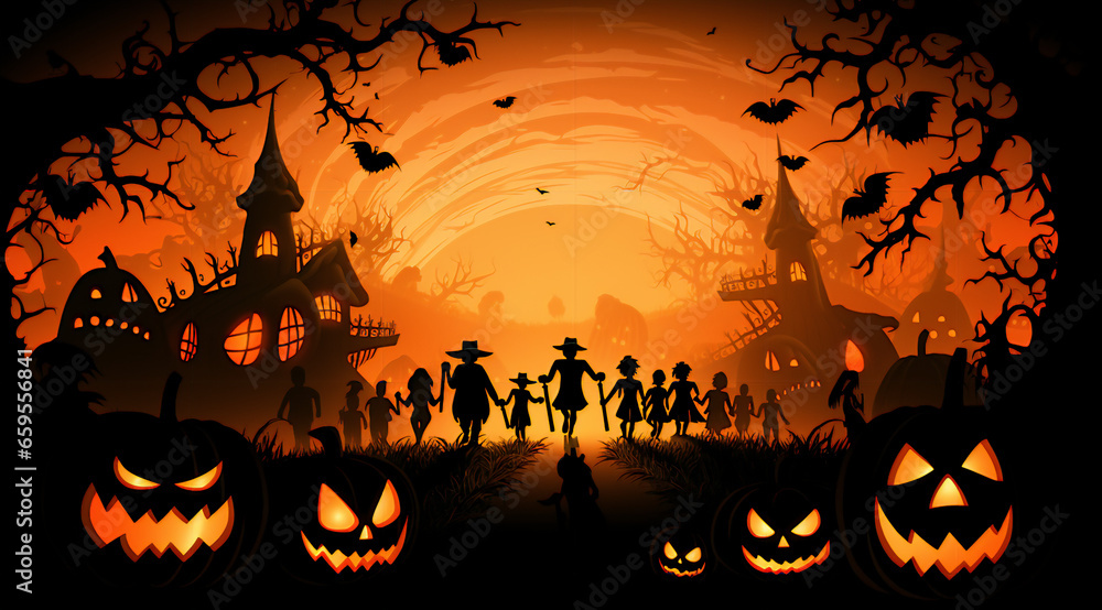 family silhouettes at the end of the forest on halloween fun family silhouettes at the end of the forest on halloween fun