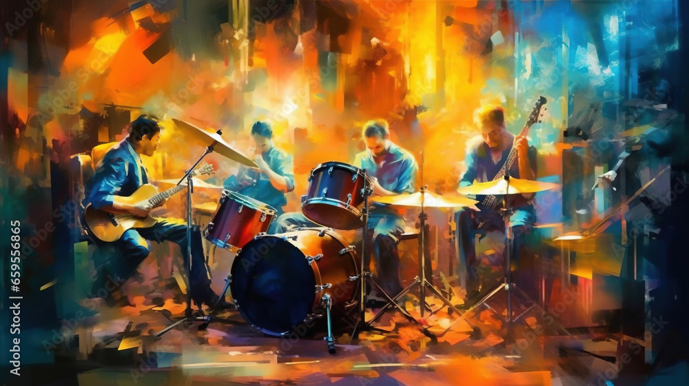 Musicians in a Bar Drums Bass Dancers Oil Panting Abstract Art Background - obrazy, fototapety, plakaty 