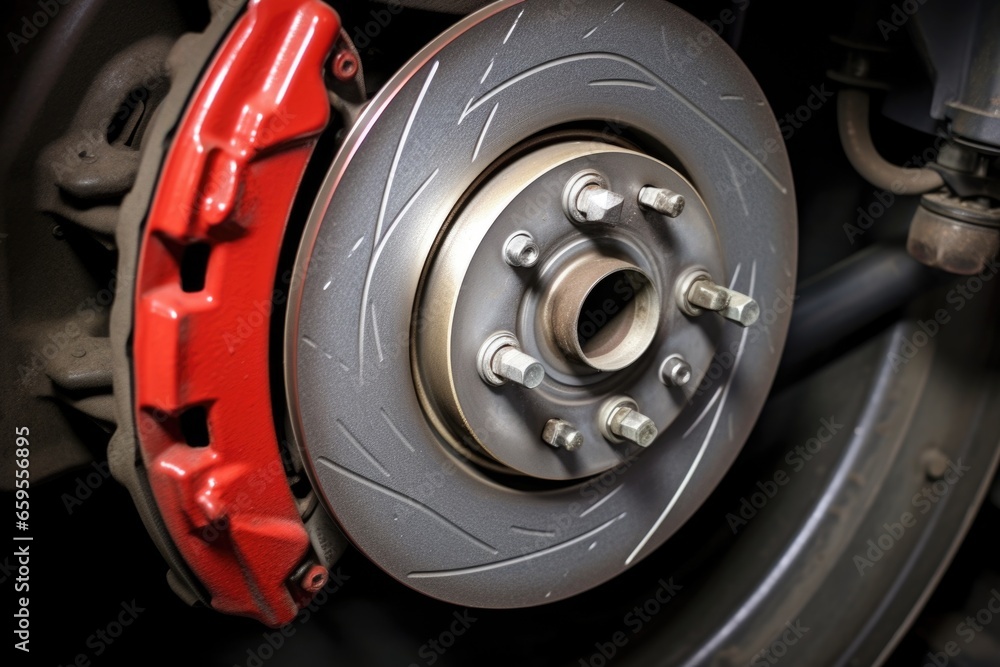 close-up of a cars front brake caliper and pad