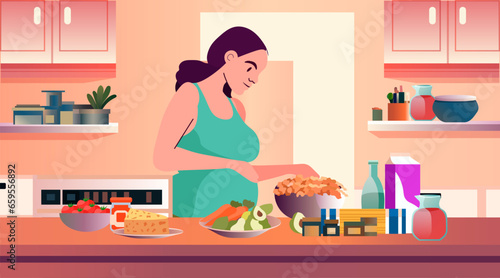 happy pregnant woman future mom cooking at home pregnancy motherhood expectation concept modern kitchen interior