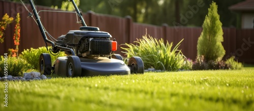 Lawn mower cutting green grass in backyard, mowing lawn photo