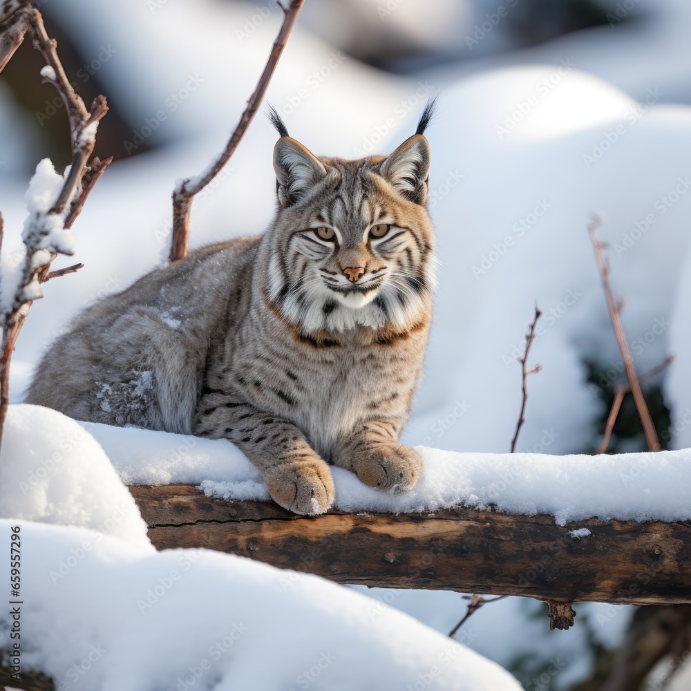 Bobcat resting in the snow on a fallen Lodgepole Pine tree