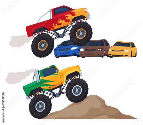 Monster trucks. Big cars with big tires for extreme shows. Powerful off-road machines. Vector illustration photo