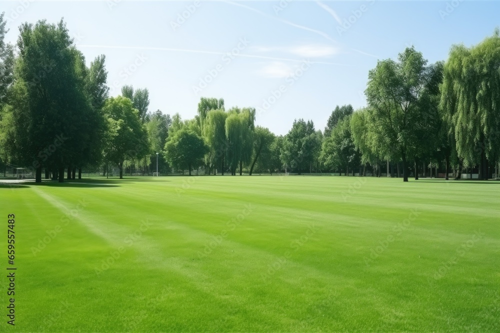 a green football field in a university ground during daylight - obrazy, fototapety, plakaty 